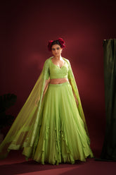 PARROT GREEN FLOW LEHENGA SET