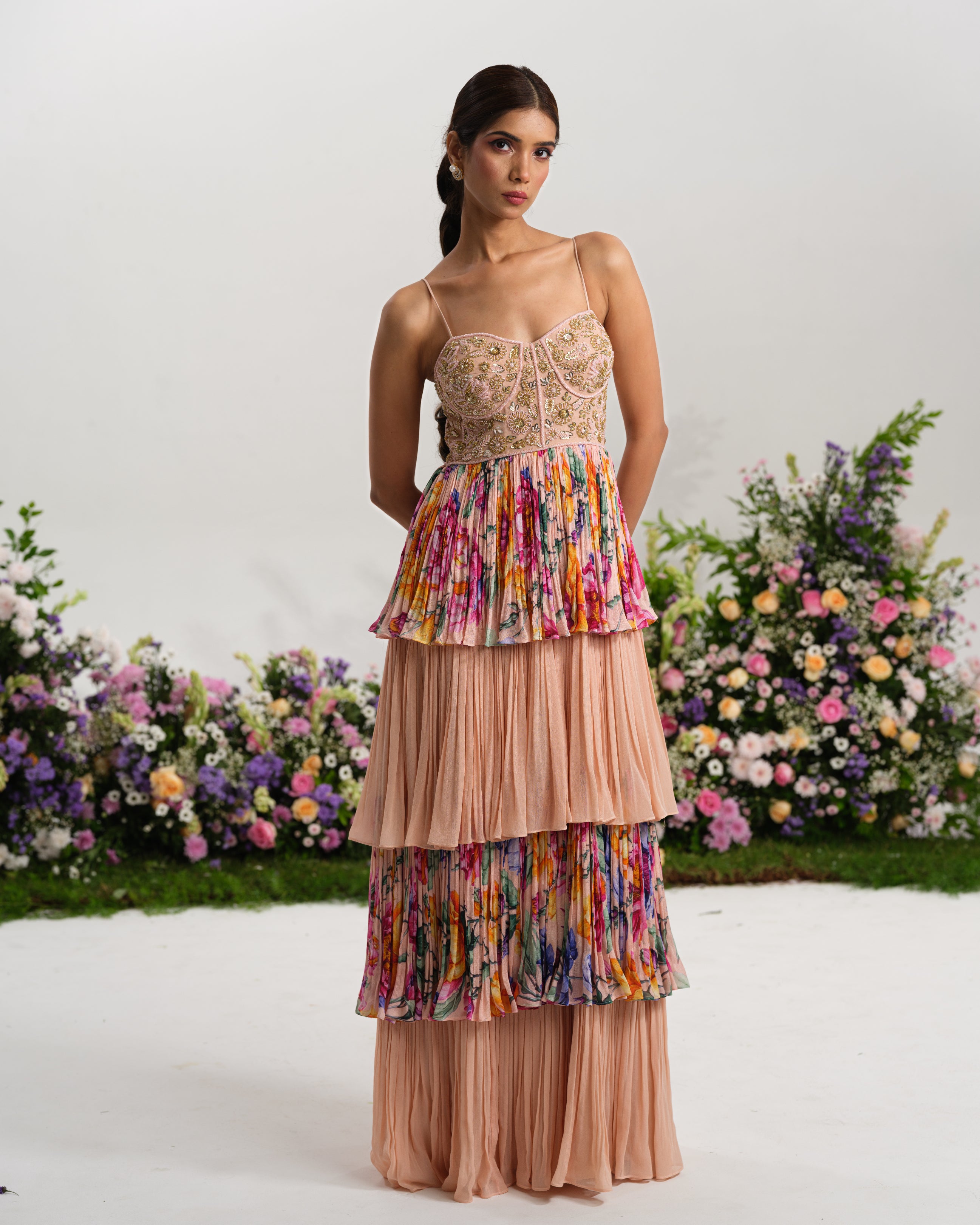 BLUSH FLORAL TIERED GOWN
