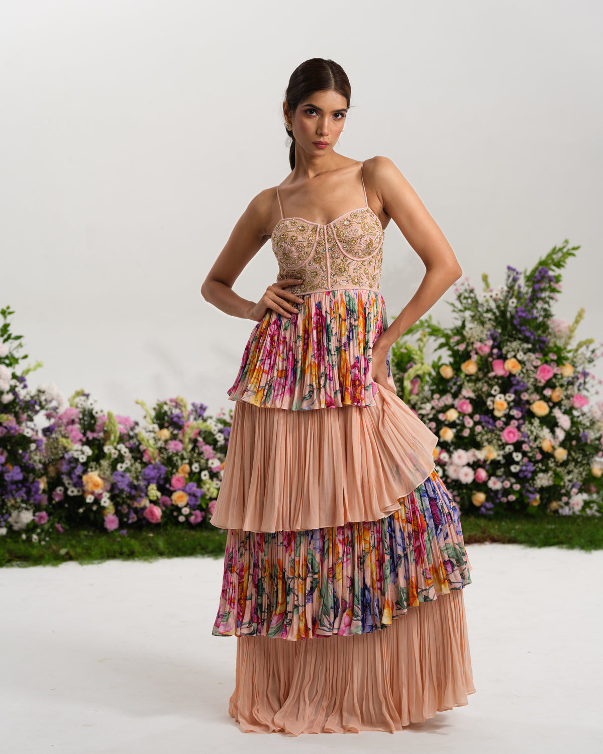 BLUSH FLORAL TIERED GOWN