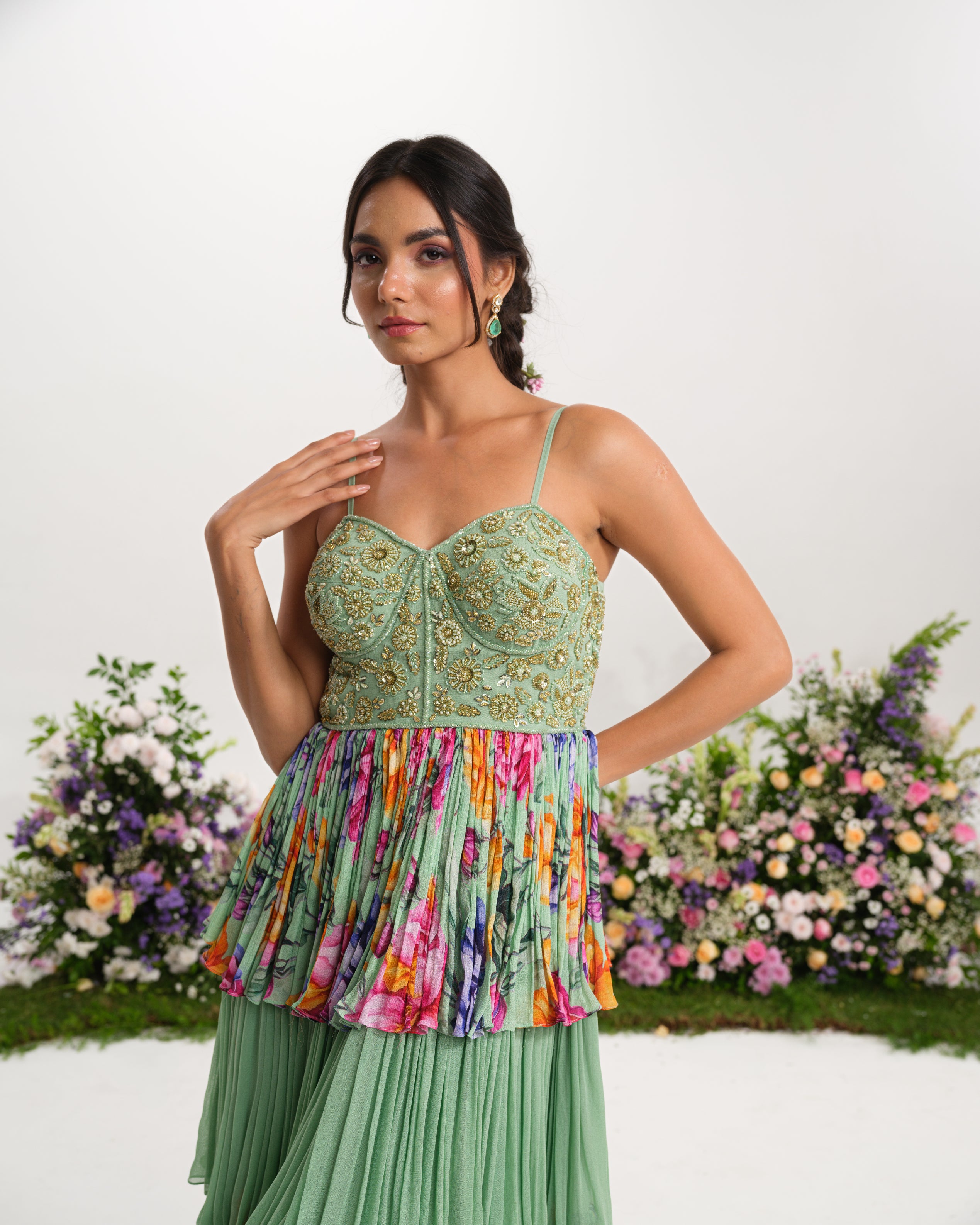 Mint Floral Tiered Gown