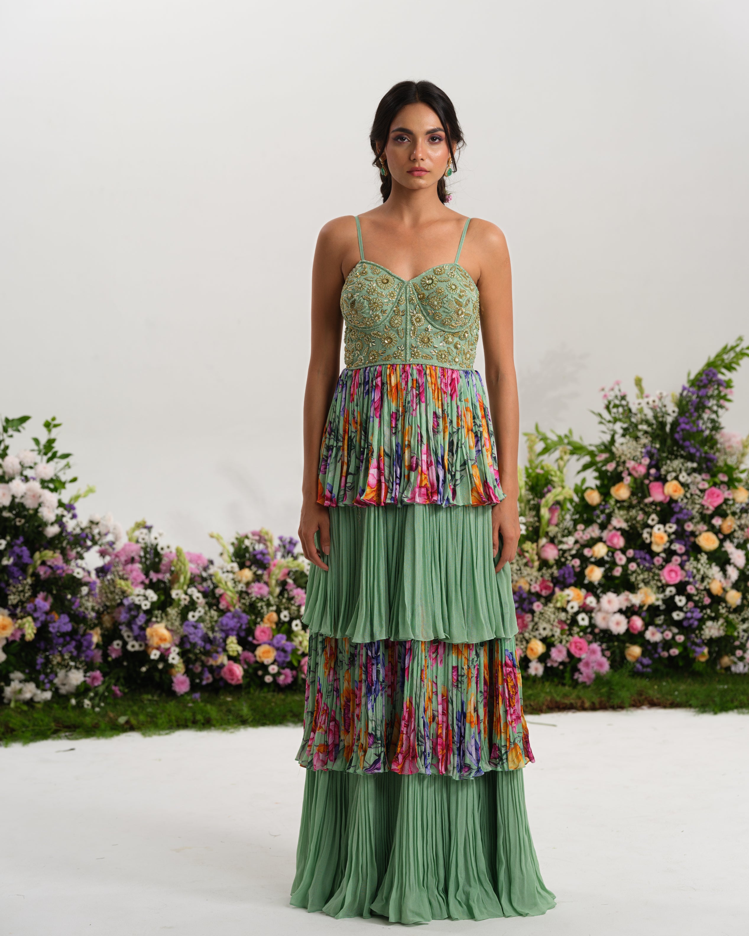 Mint Floral Tiered Gown