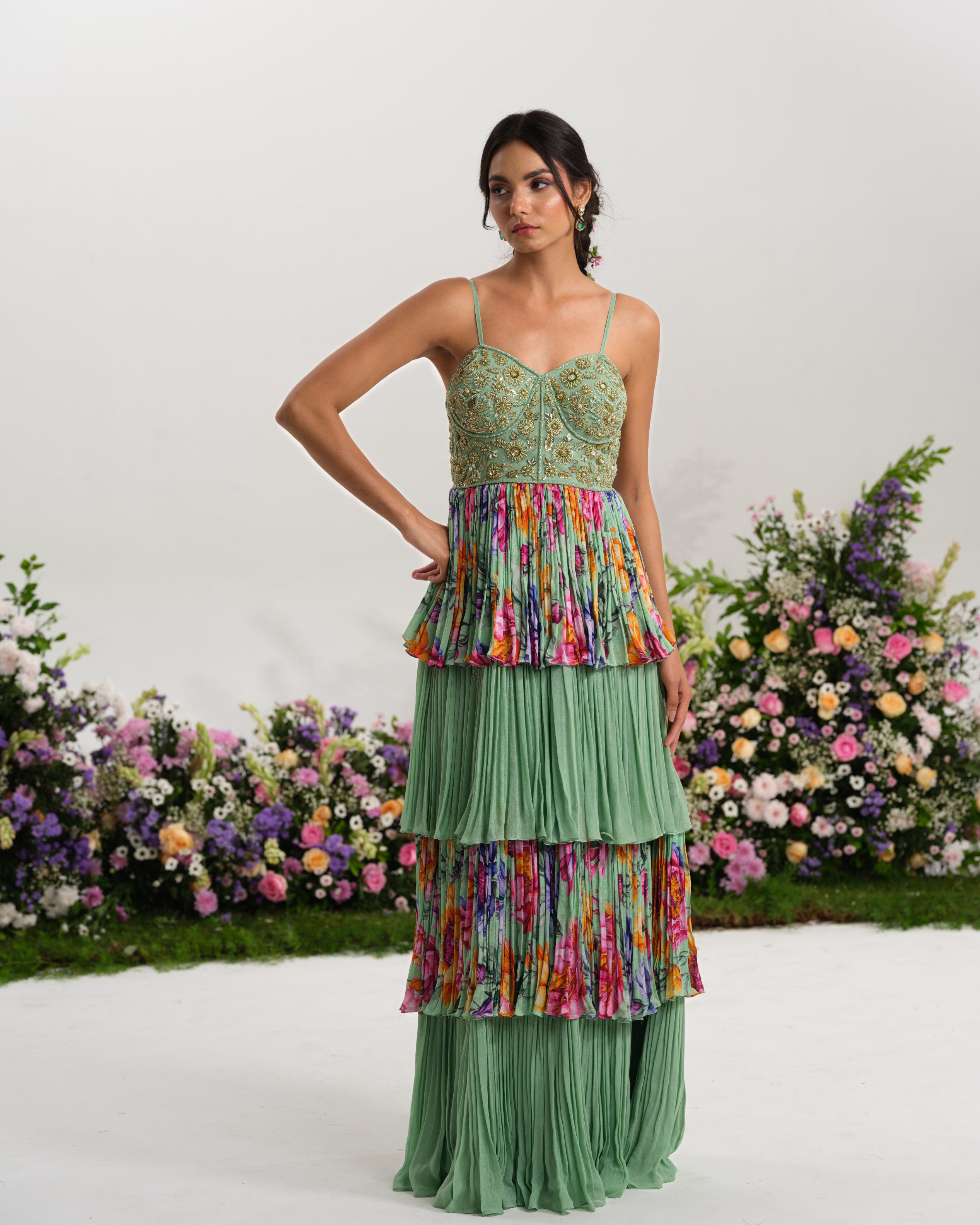 Mint Floral Tiered Gown