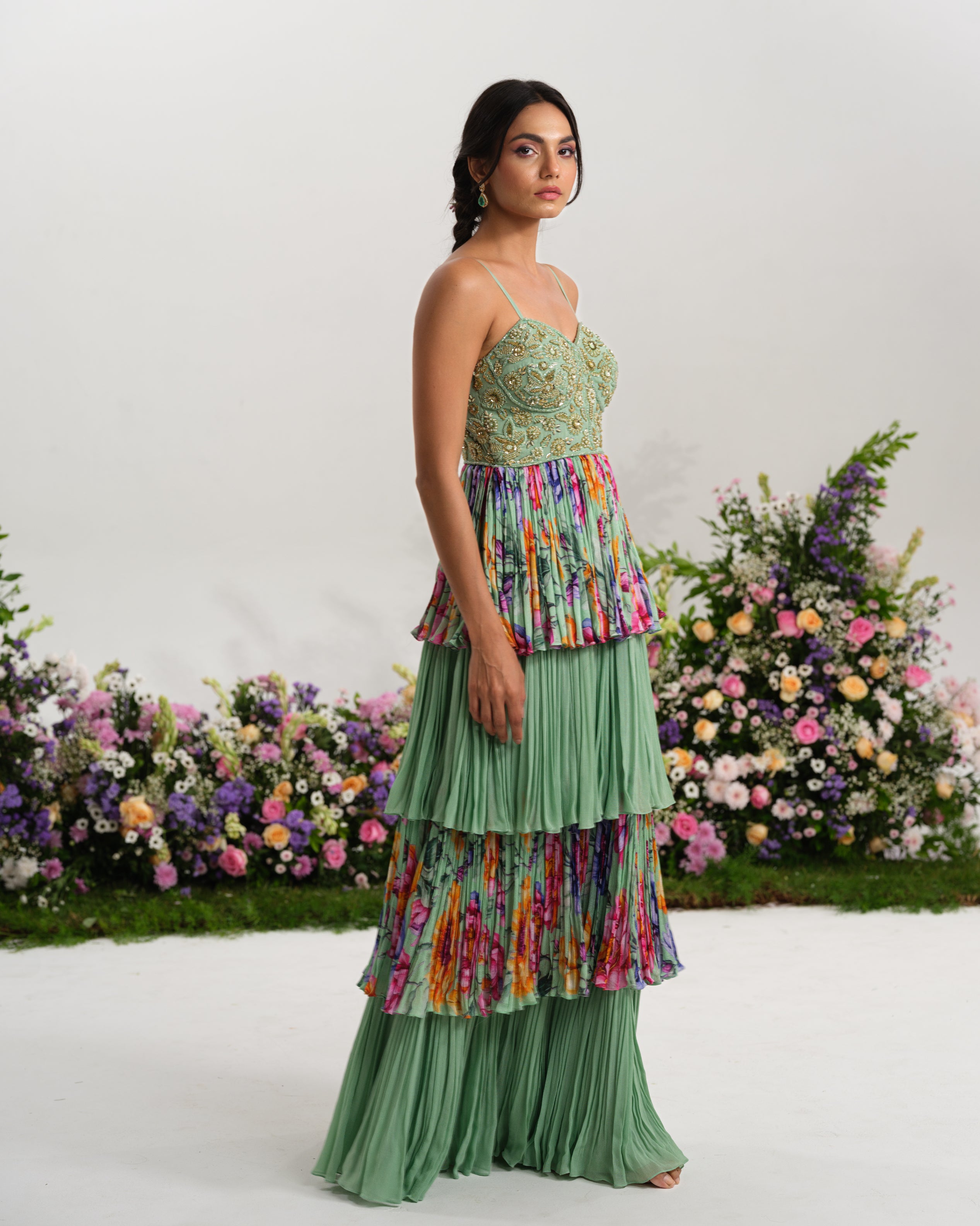 Mint Floral Tiered Gown