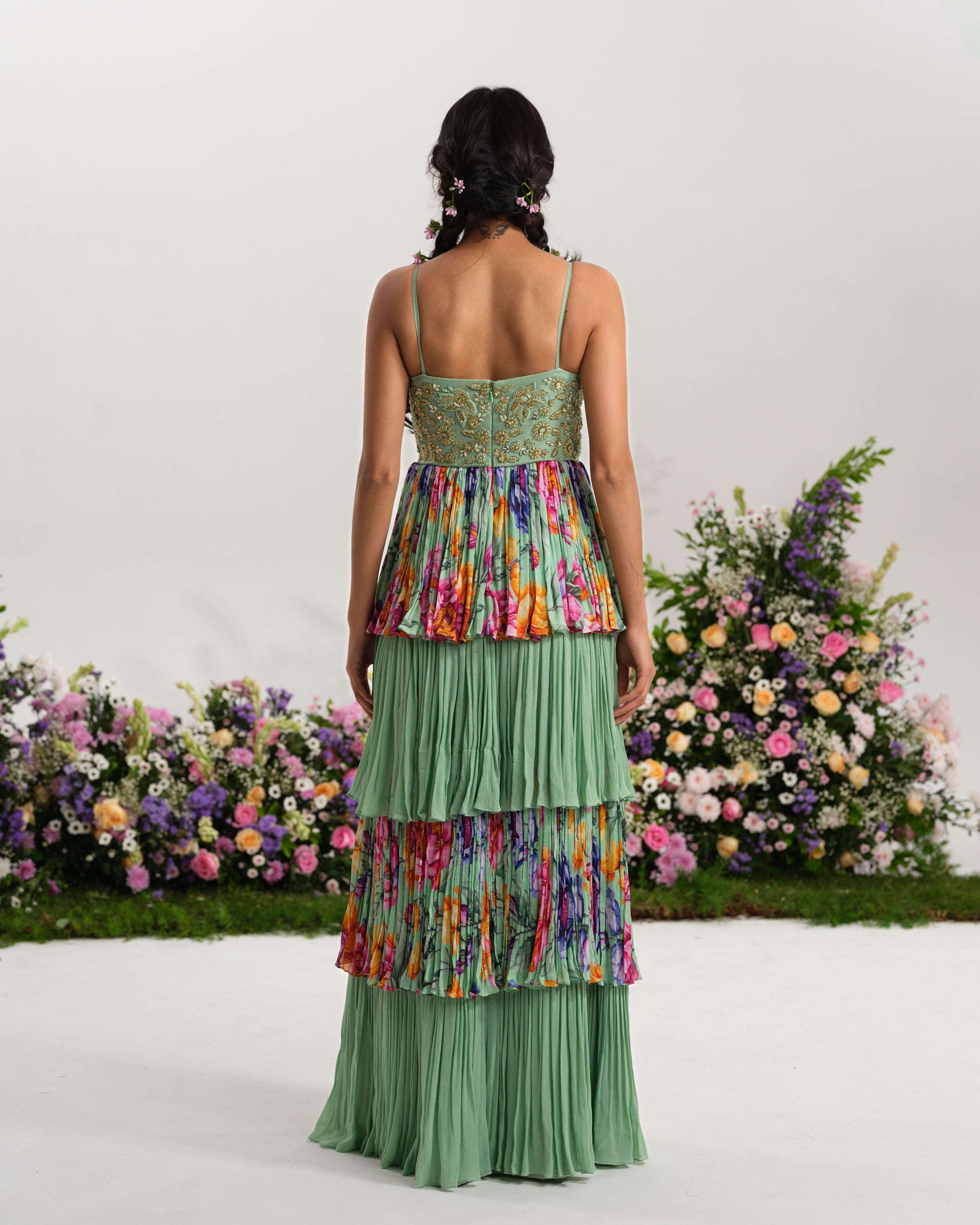 Mint Floral Tiered Gown