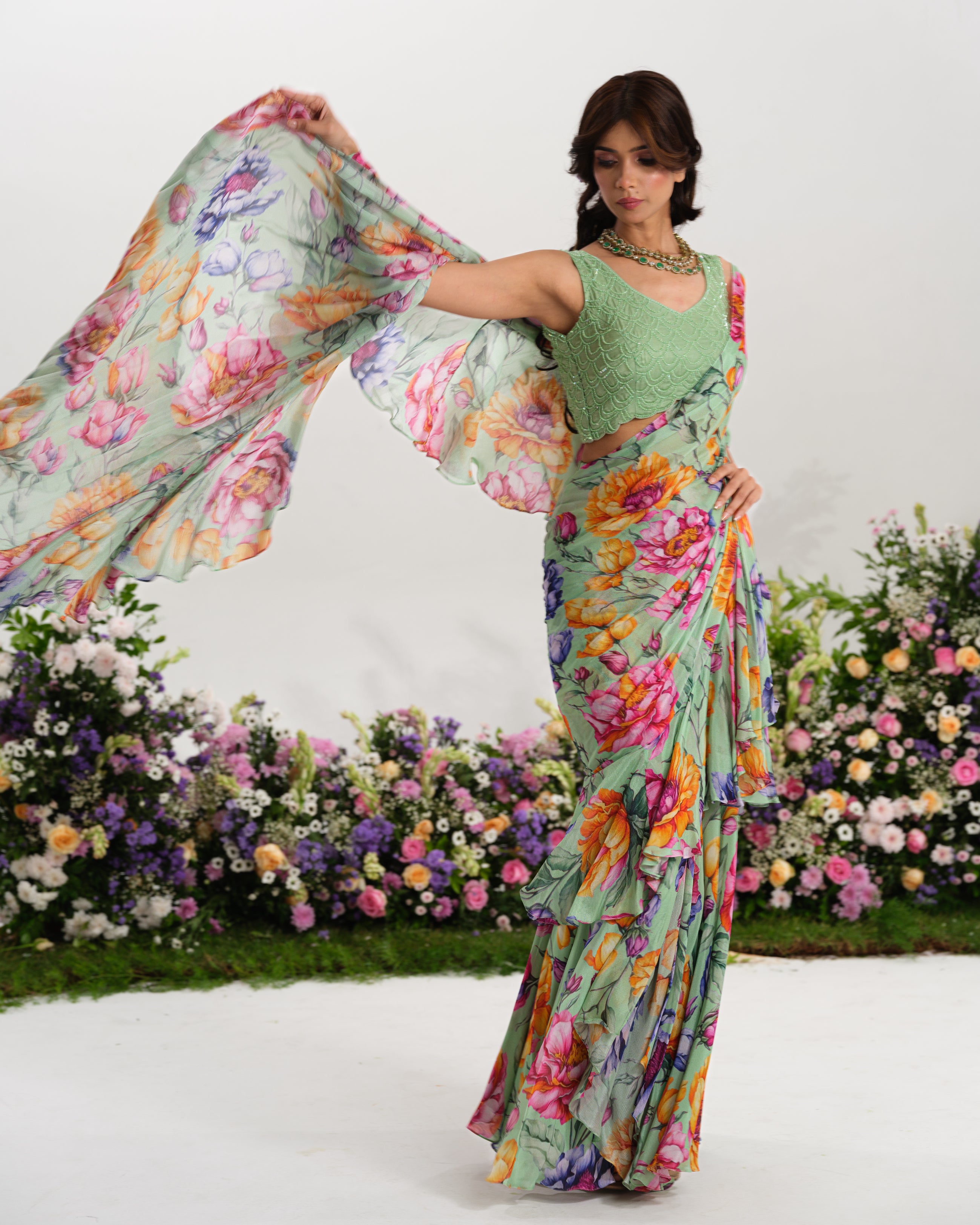 MINT BLOOM RUFFLE SAREE