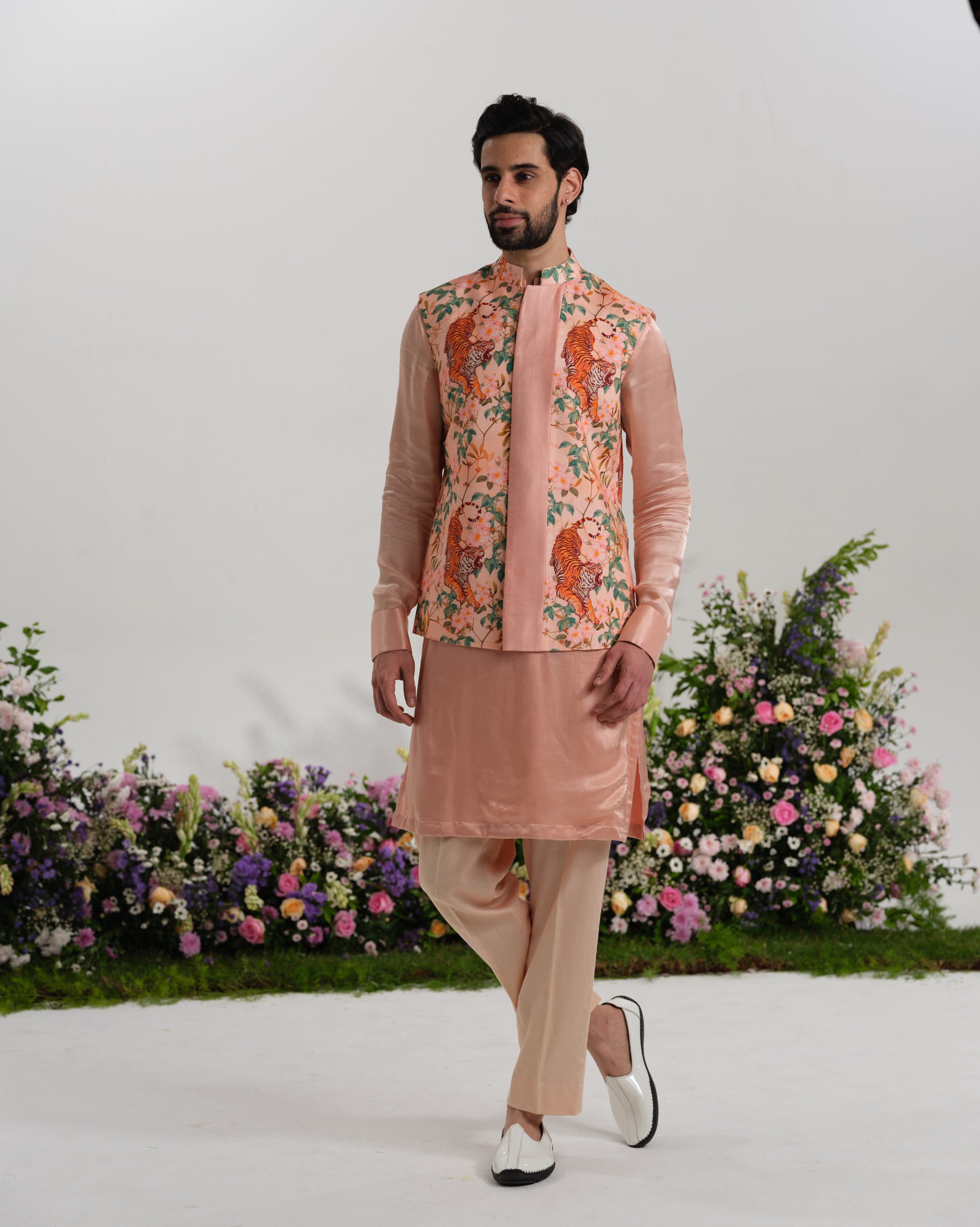 Peach kurta with waist coat