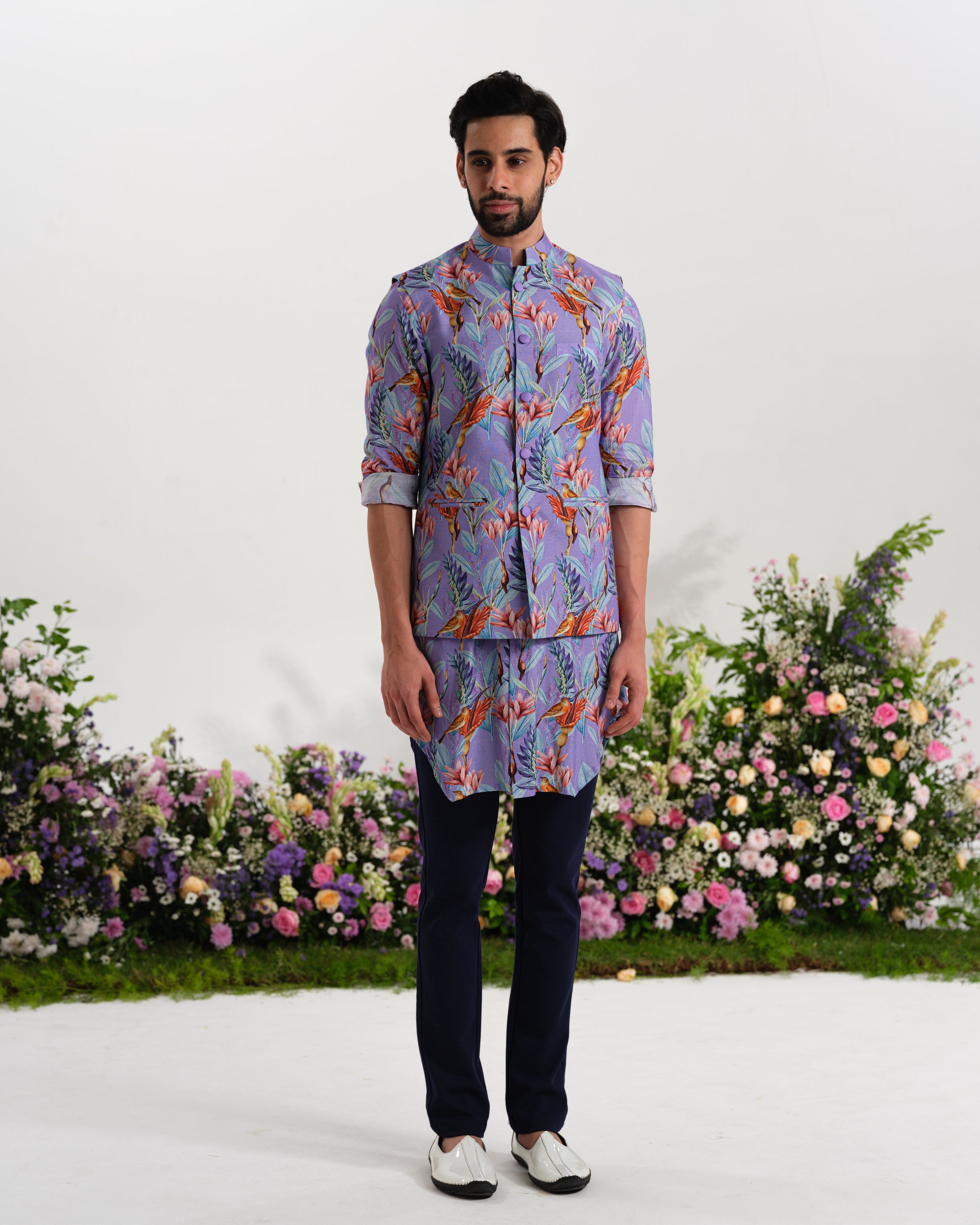 ⁠Lavender kurta with waist coat