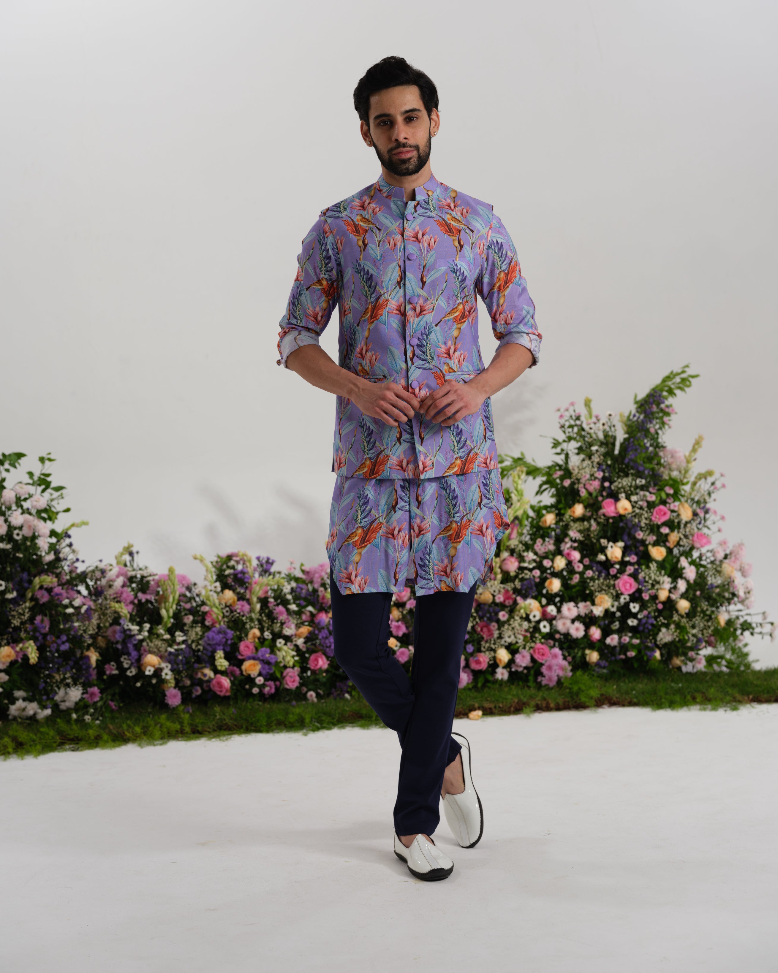 ⁠Lavender kurta with waist coat
