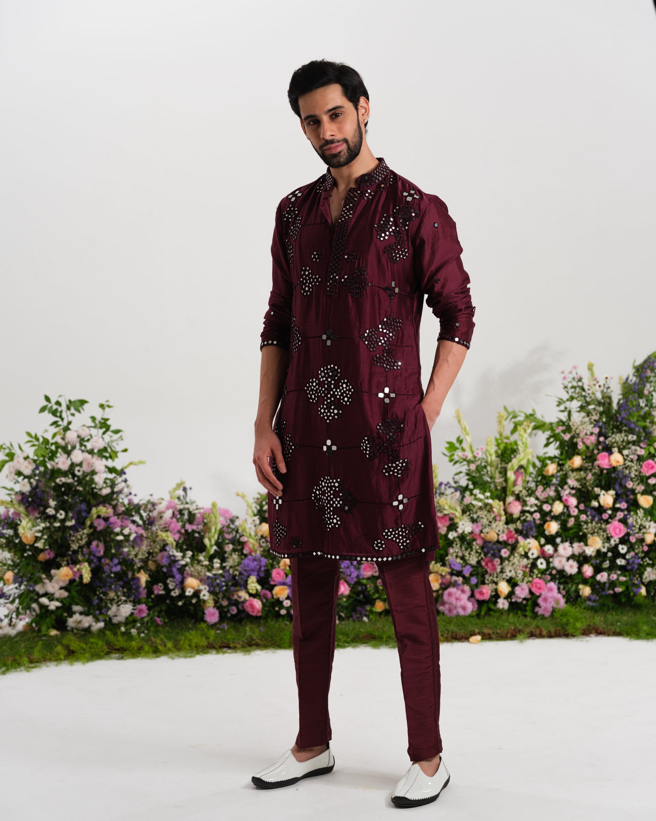 ⁠Burgundy kurta mirror work