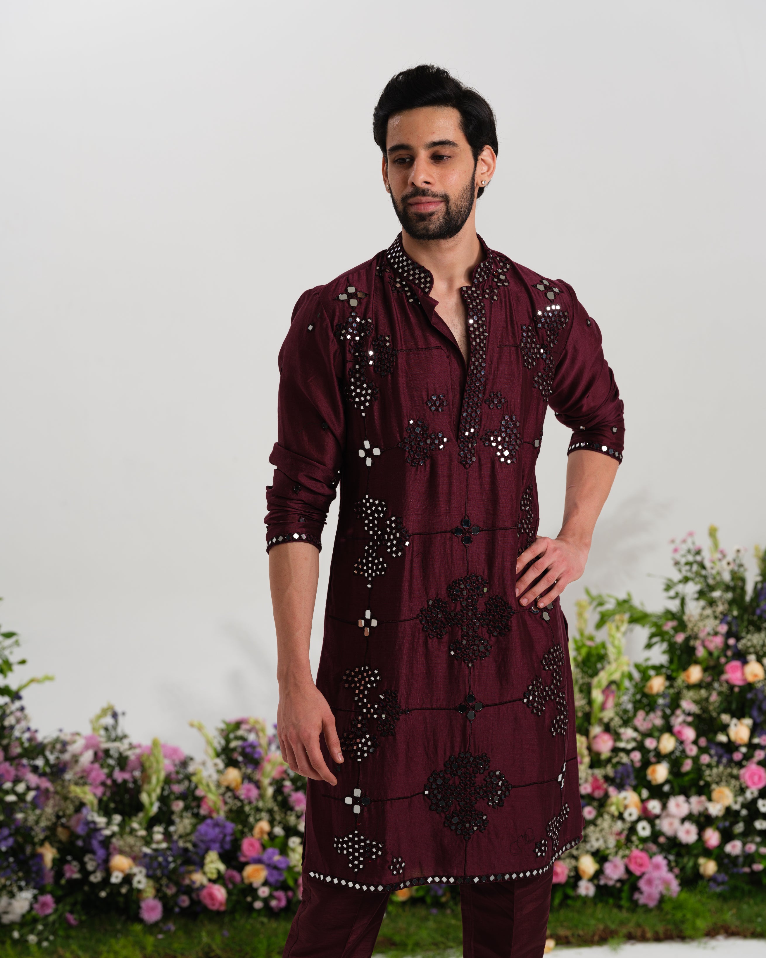 ⁠Burgundy kurta mirror work