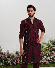 ⁠Burgundy kurta mirror work