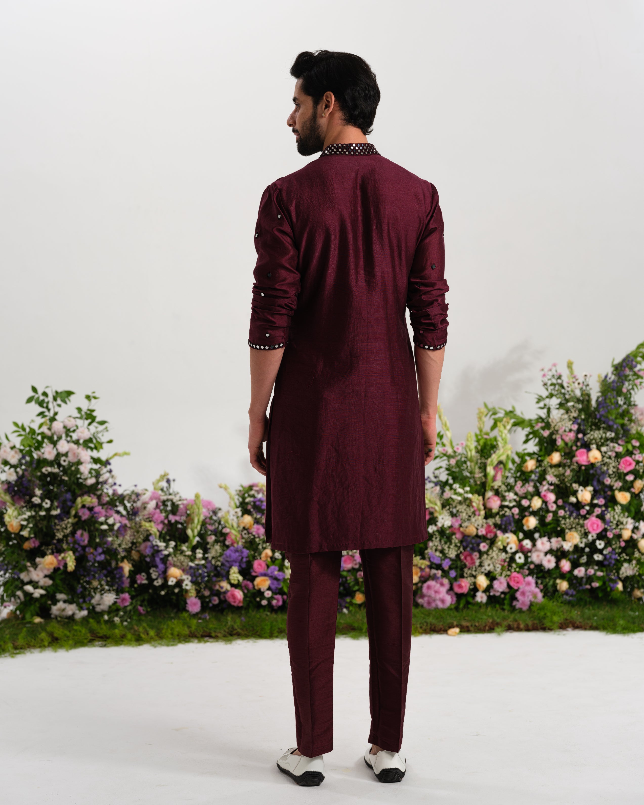 ⁠Burgundy kurta mirror work