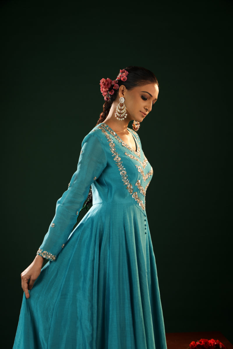Turquoise Chanderi Anarkali