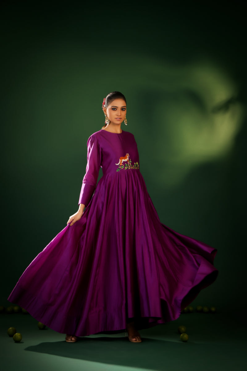 DEEP PLUM FLOWING SILK BLEND ANARKALI