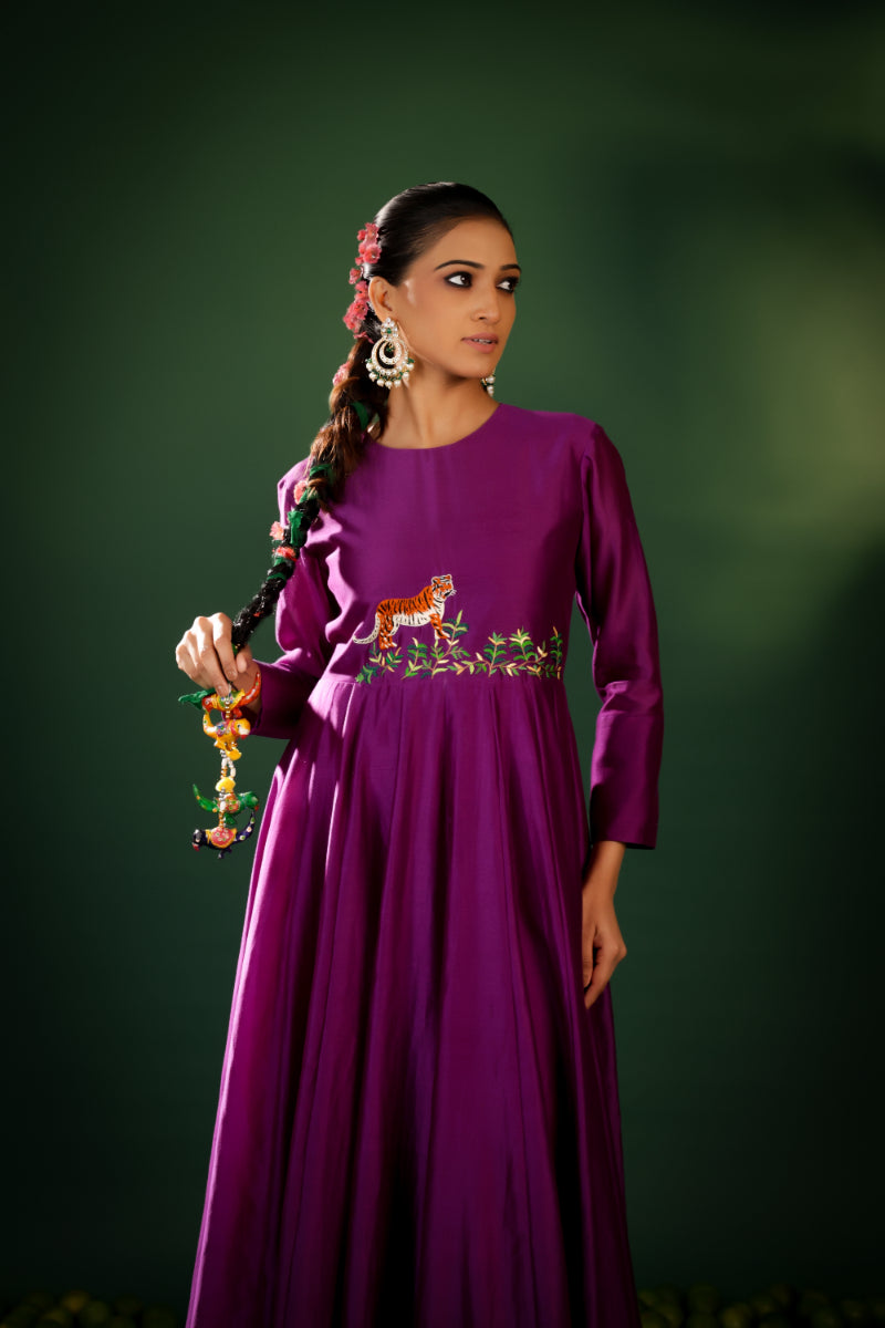 DEEP PLUM FLOWING SILK BLEND ANARKALI
