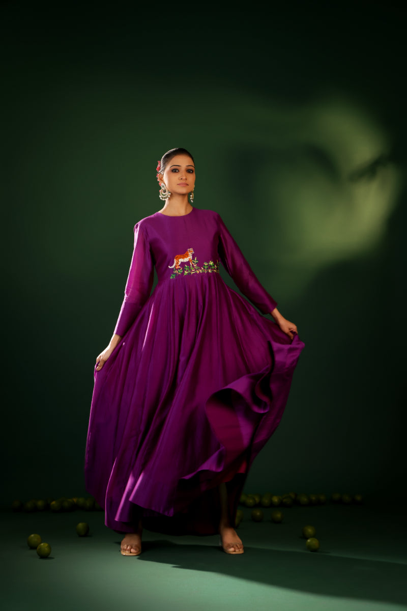 DEEP PLUM FLOWING SILK BLEND ANARKALI