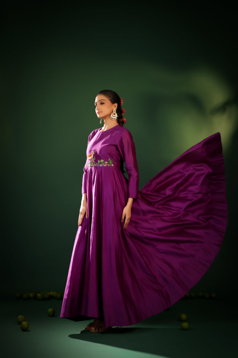 DEEP PLUM FLOWING SILK BLEND ANARKALI