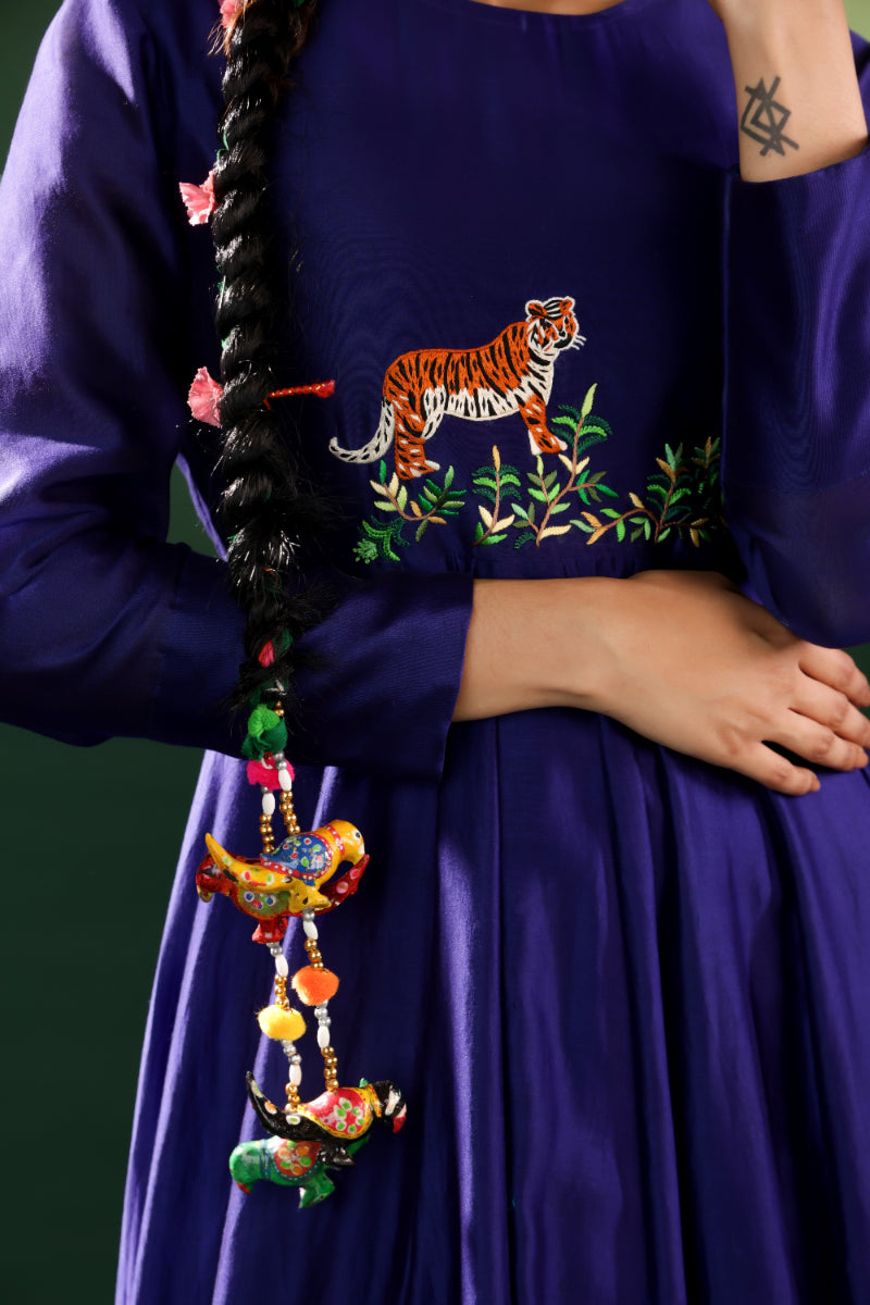 EMBROIDERED TIGER SILK BLEND DRESS