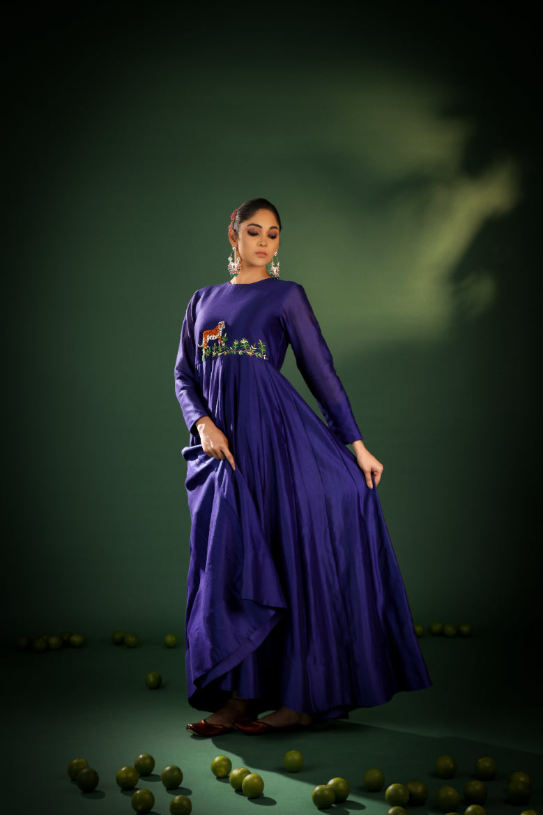 EMBROIDERED TIGER SILK BLEND DRESS