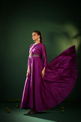 DEEP PLUM FLOWING SILK BLEND ANARKALI