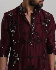 ⁠Burgundy kurta mirror work