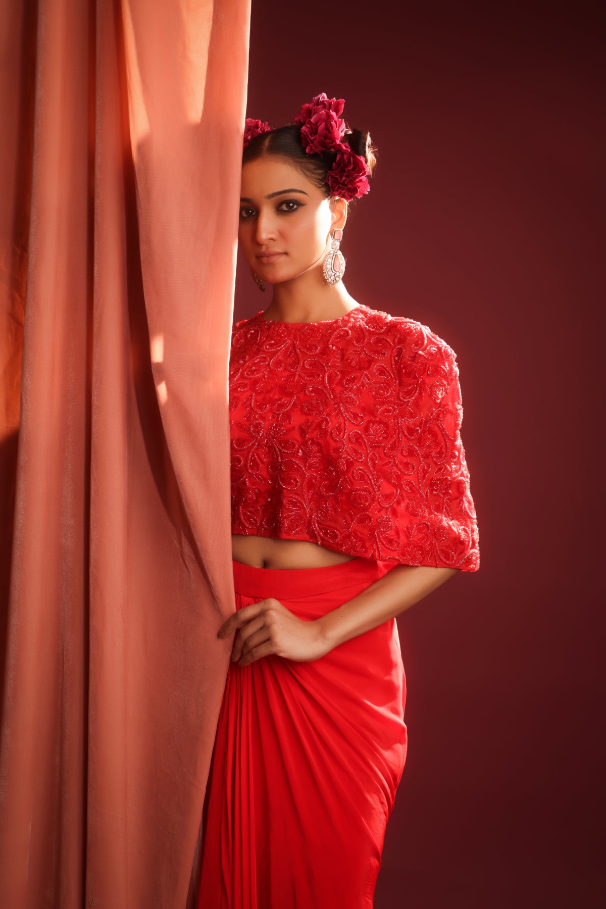 CRIMSON BLOOM DRAPED DHOTI SET