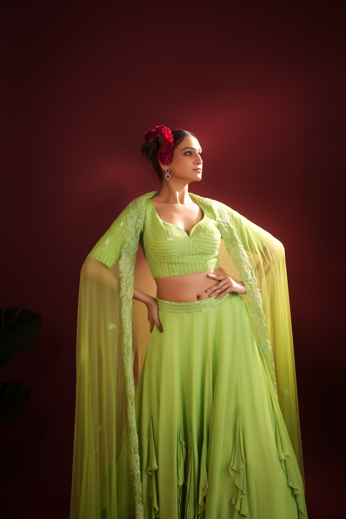 PARROT GREEN FLOW LEHENGA SET