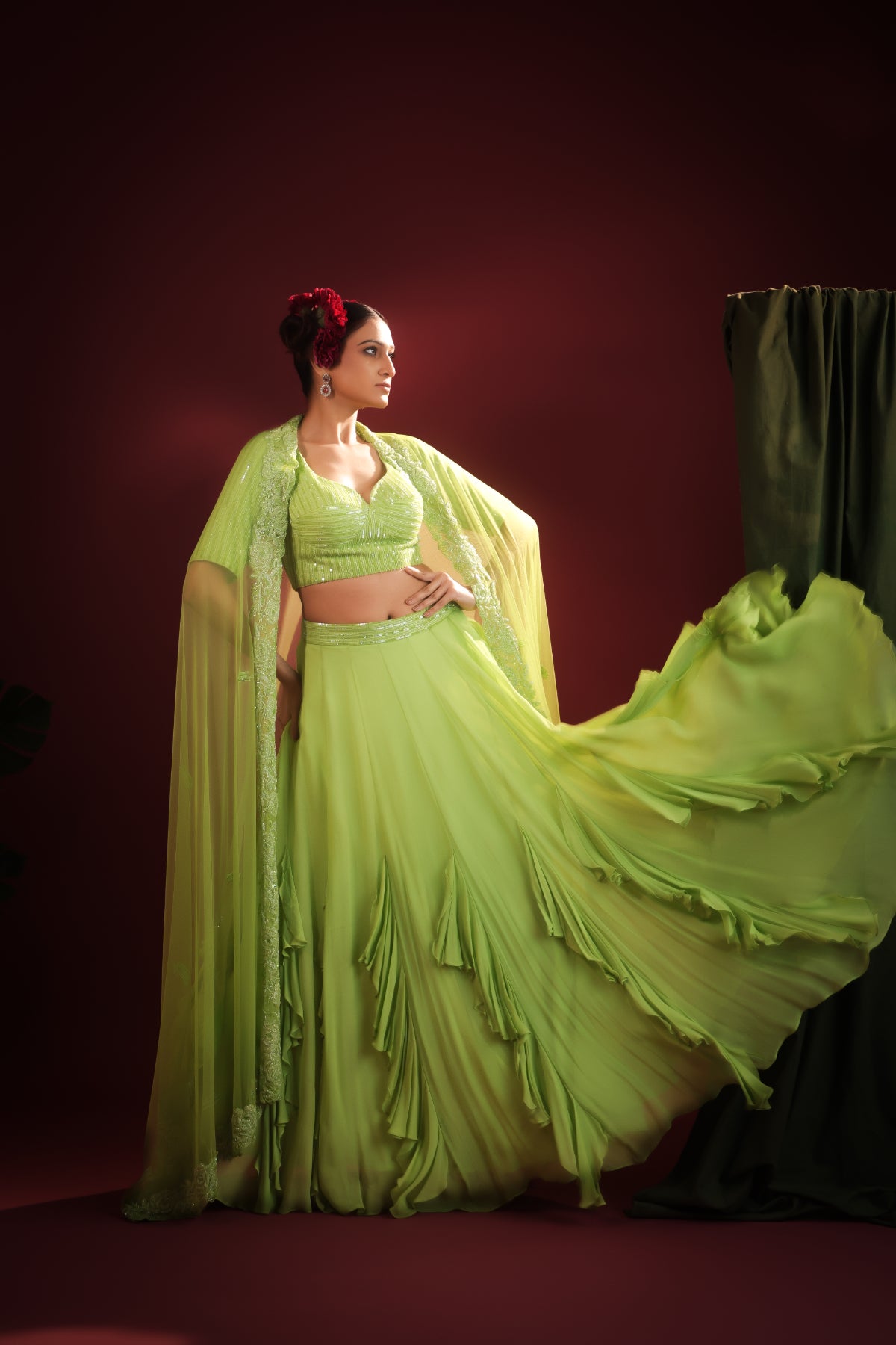 PARROT GREEN FLOW LEHENGA SET