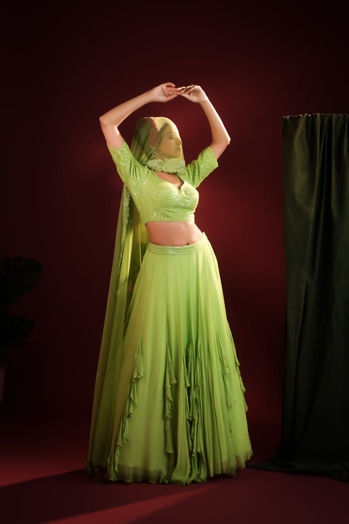 PARROT GREEN FLOW LEHENGA SET