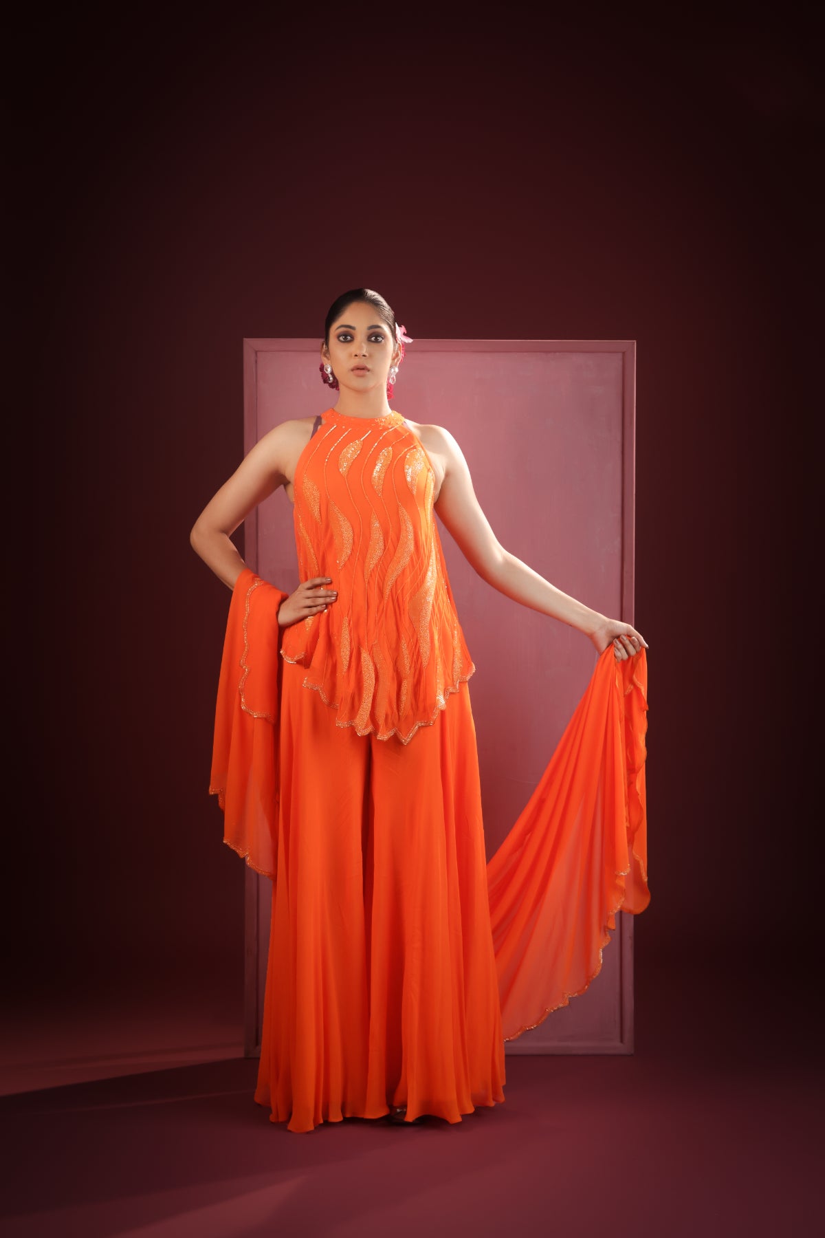 SAFFRON BREEZE FLOWY GEORGETTE TOP AND PANTS