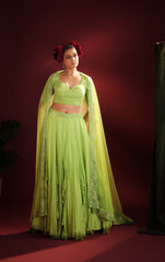 PARROT GREEN FLOW LEHENGA SET
