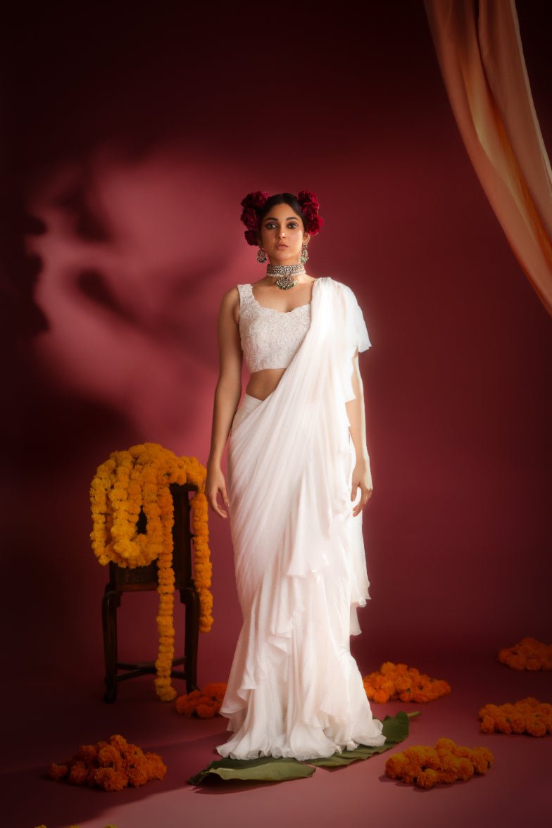 ETHEREAL IVORY RUFFLED SAREE
