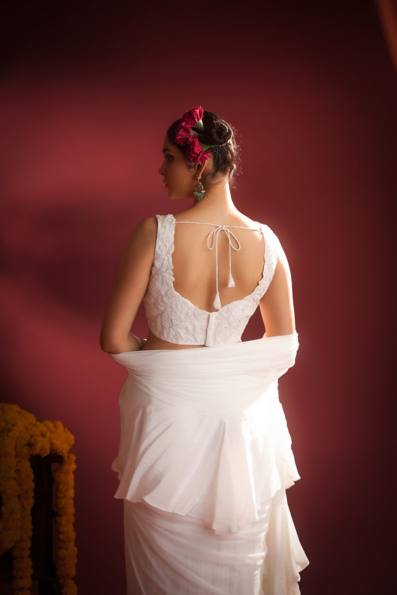 ETHEREAL IVORY RUFFLED SAREE
