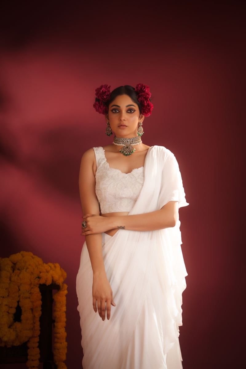 ETHEREAL IVORY RUFFLED SAREE