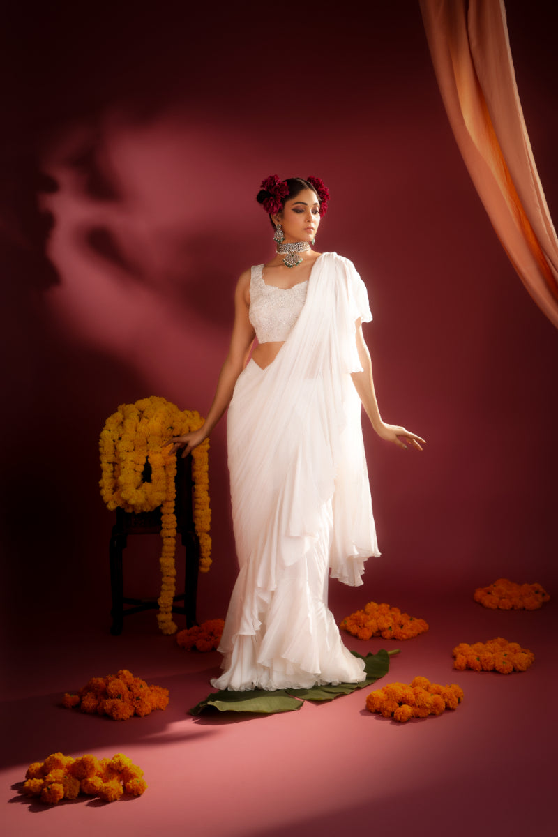 ETHEREAL IVORY RUFFLED SAREE